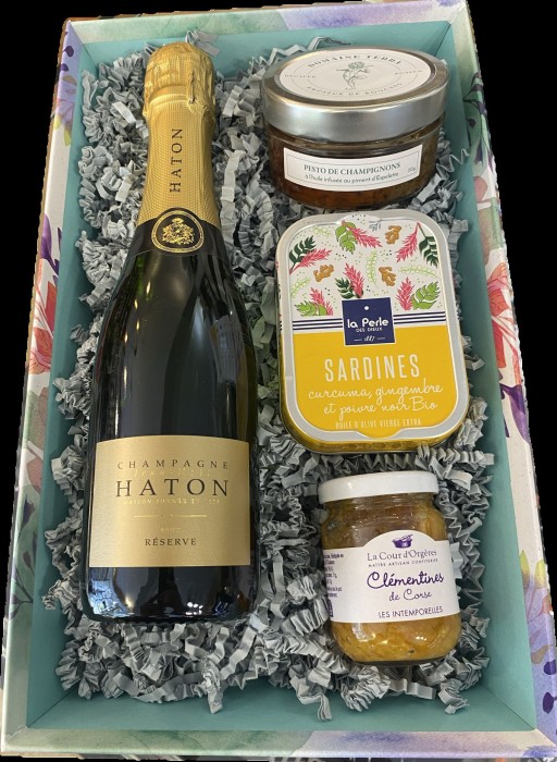 corbeille champagne et gourmandises, épicerie Huguette & Henri