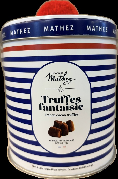 Boîte Navy garnie de truffes au cacao Mathez, épicerie Huguette & Henri, Paris